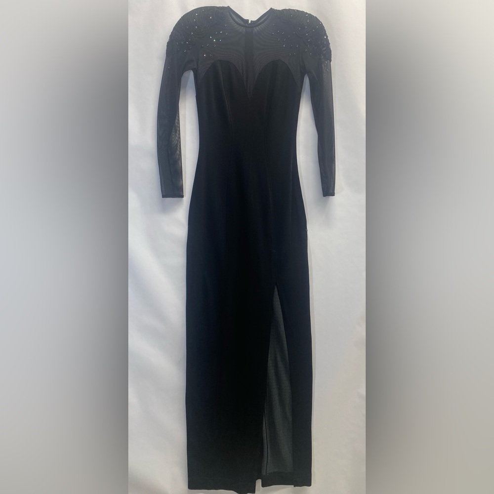 Vintage Tadashi Black Long Mesh Sleeve Gown with Embellished Padded Shoulders
